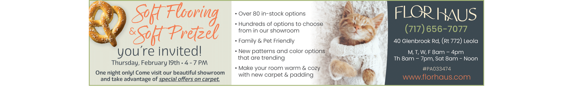 Soft flooring and soft pretzel event at Flor Haus in Leola, PA